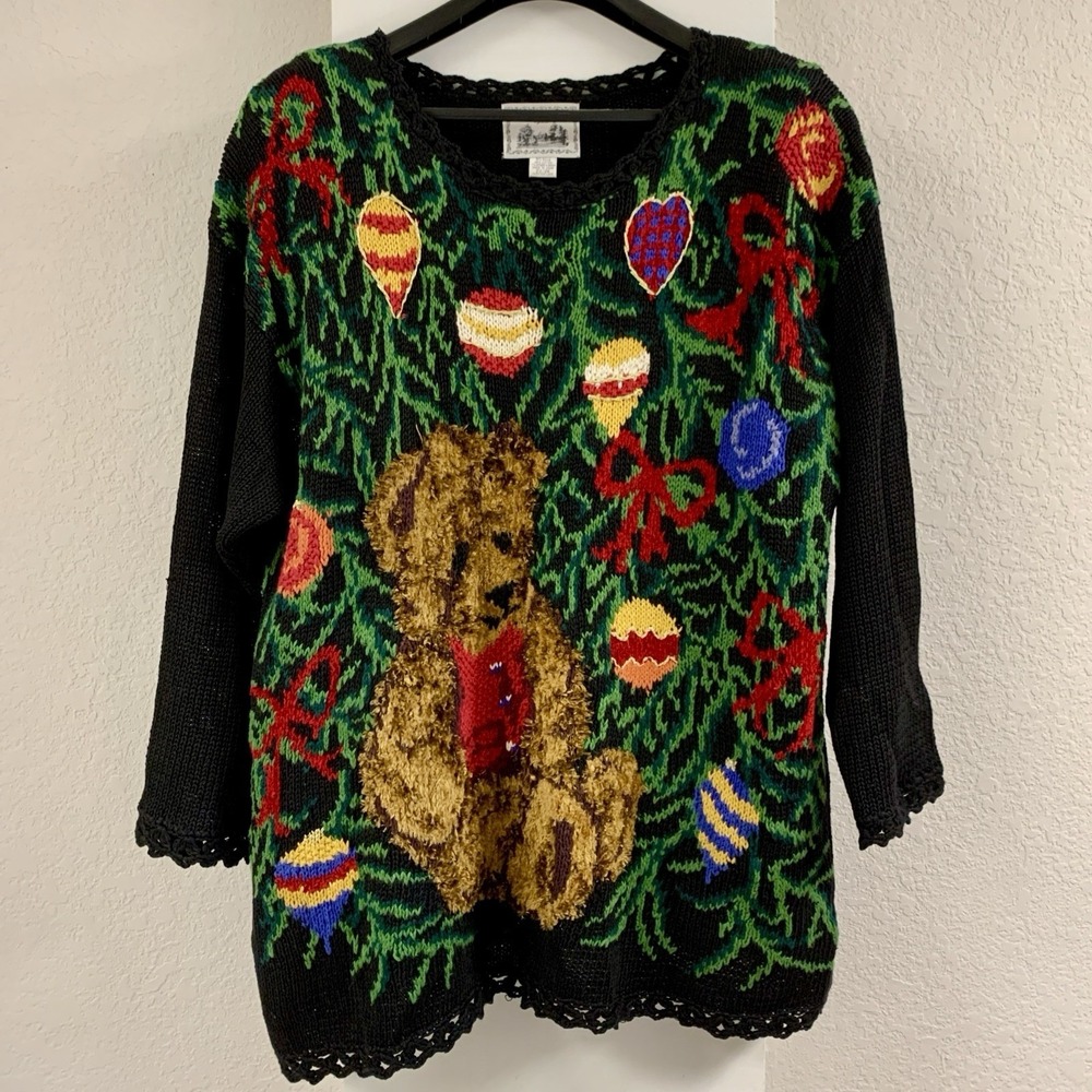 Vtg Jacque & Koko Teddy Bear Ornament Ugly Christmas Knitted Sweater 3XL 22/24